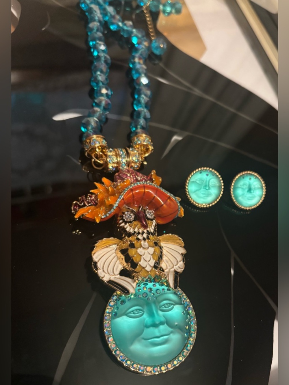 Kirks Folly Turquoise Moon Magnetic Pendant/Necklace&Stud Earrings Set #36